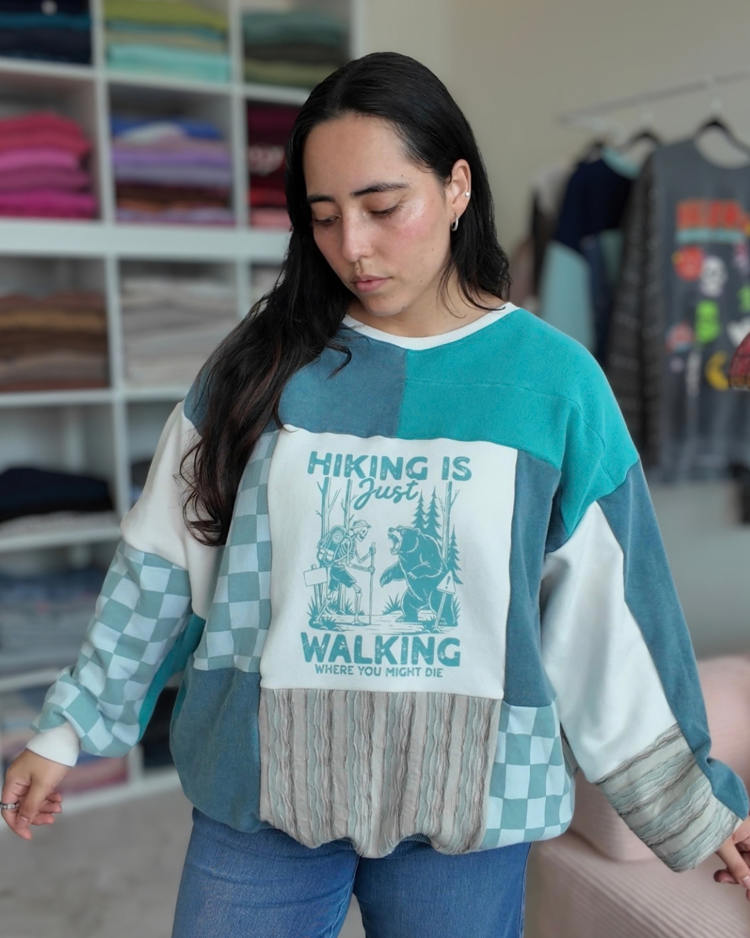 'Hiking Is Just Walking' Patchwork Crewneck (S-2XL)