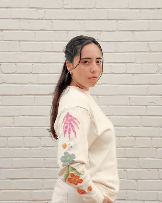 Floral Patch Sleeves Crewneck - Handmade from upcycled fabrics with floral patches