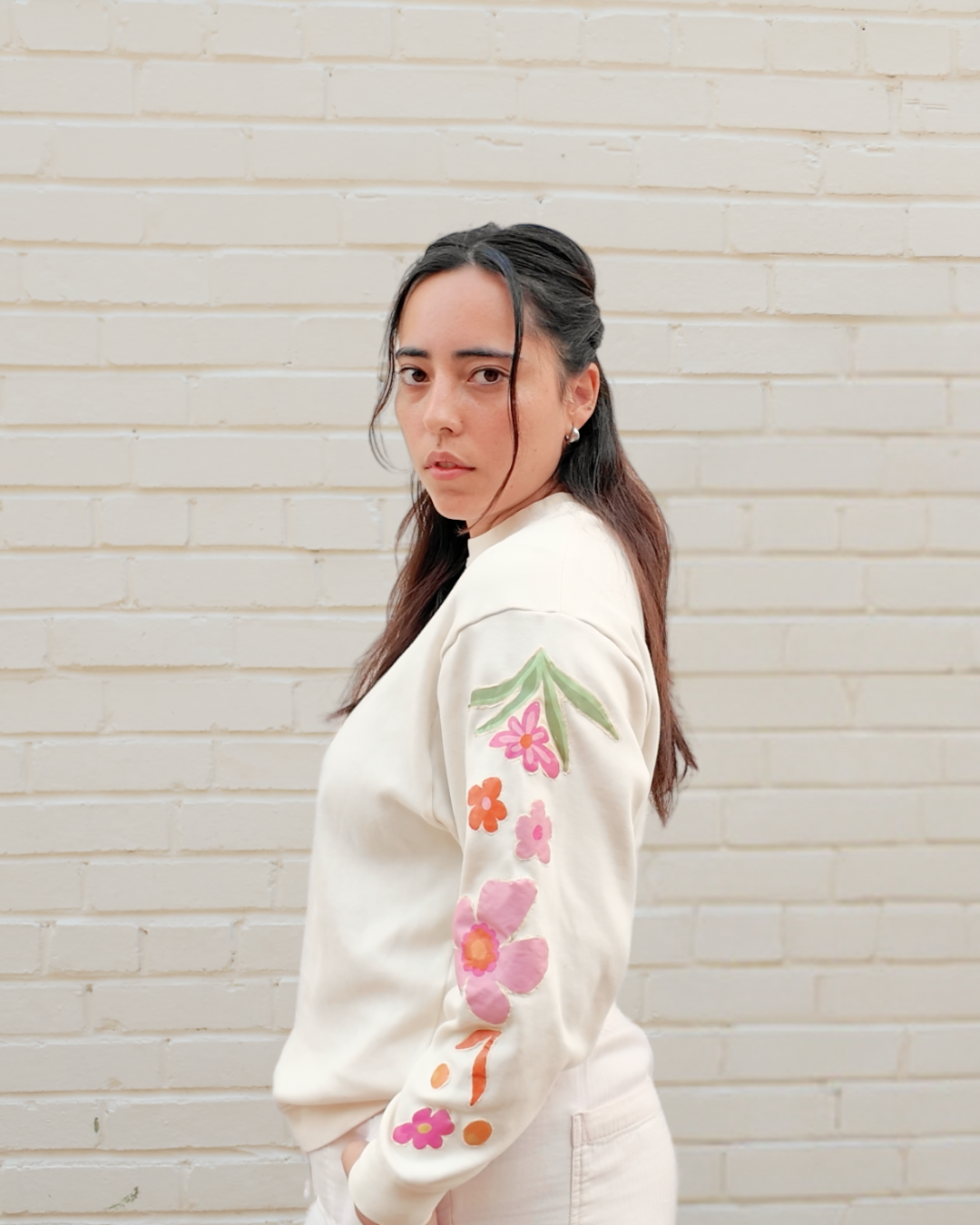 Floral Patch Sleeves Crewneck - Handmade from upcycled fabrics with floral patches