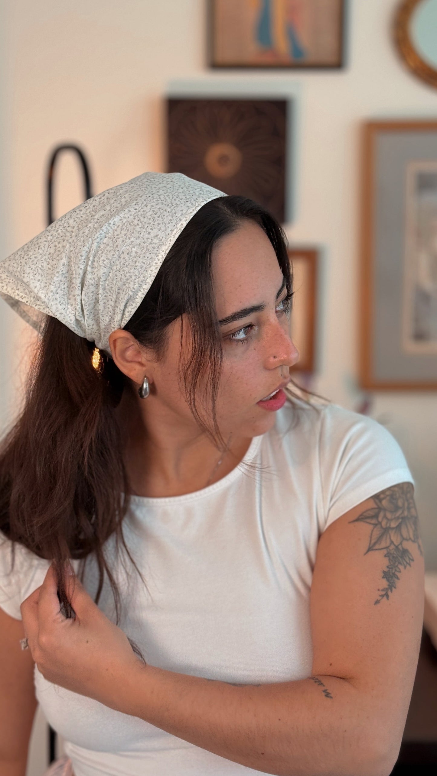 Headscarves — White & Grey Floral