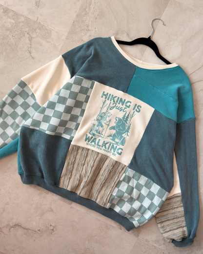 'Hiking Is Just Walking' Patchwork Crewneck (S-2XL)