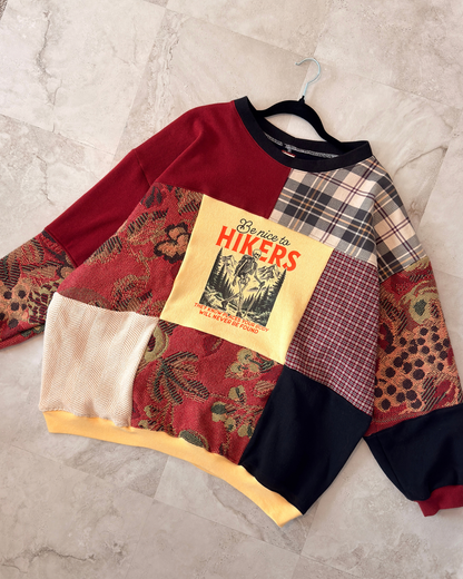 'Be Nice to Hikers' Skelly Patchwork Crewneck (S-2XL)