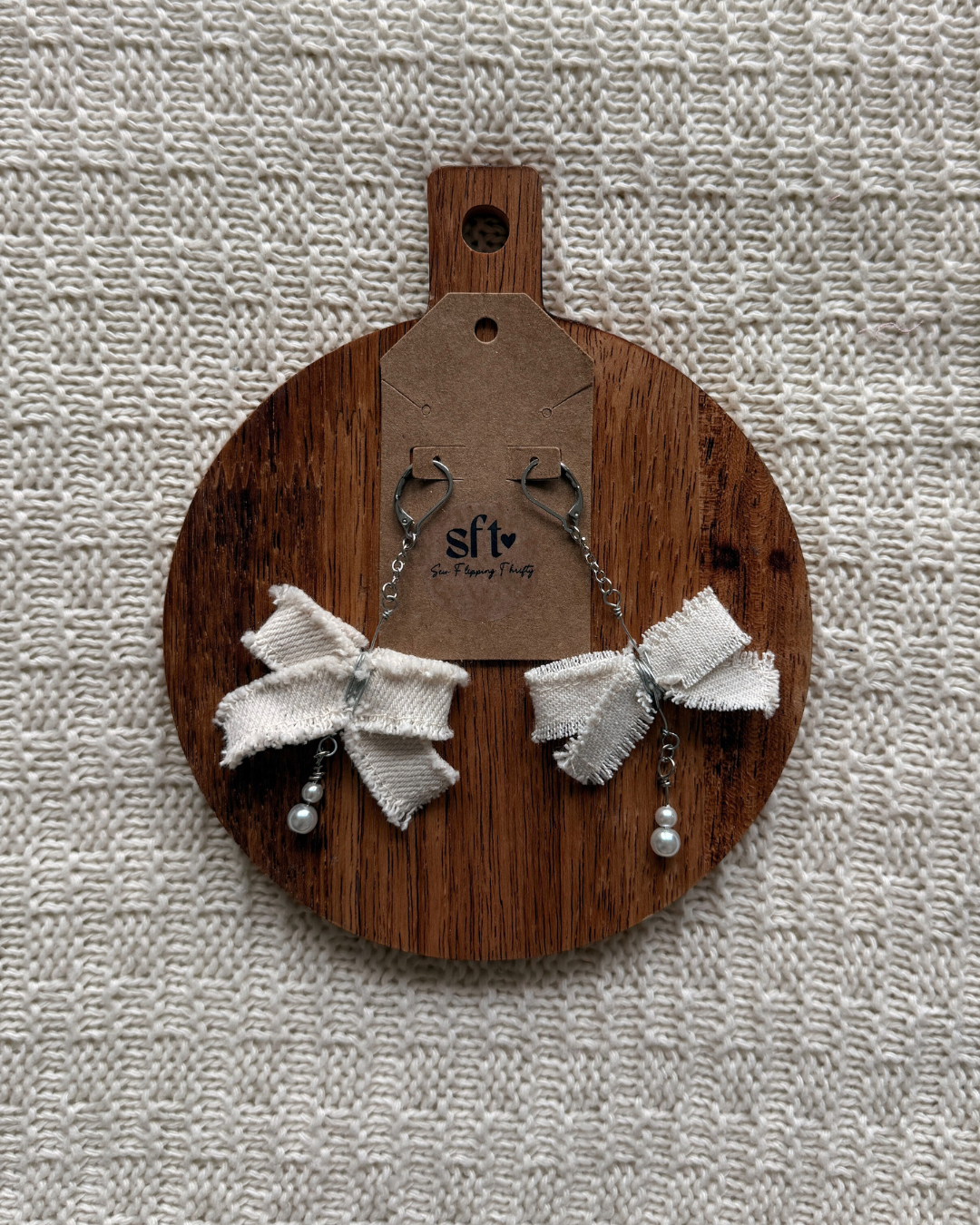 Bow Earrings — White Denim