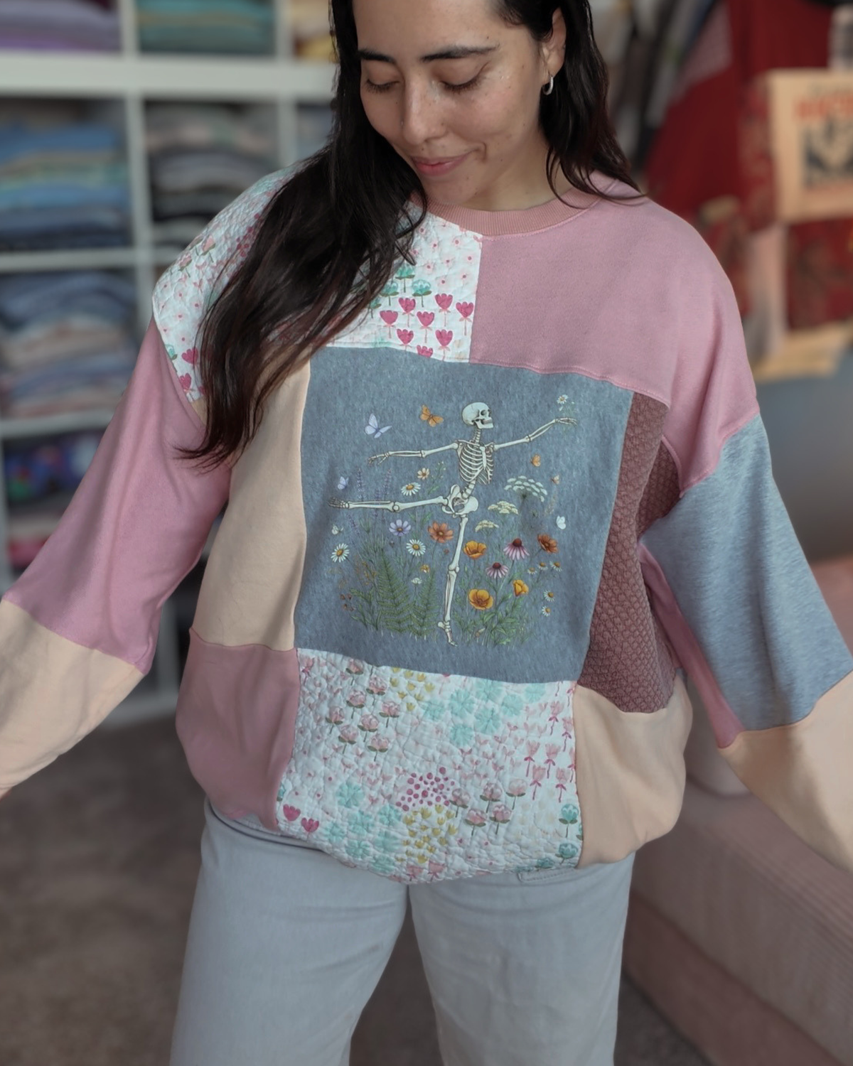 Dancing Skelly Patchwork Crewneck (S-2XL)