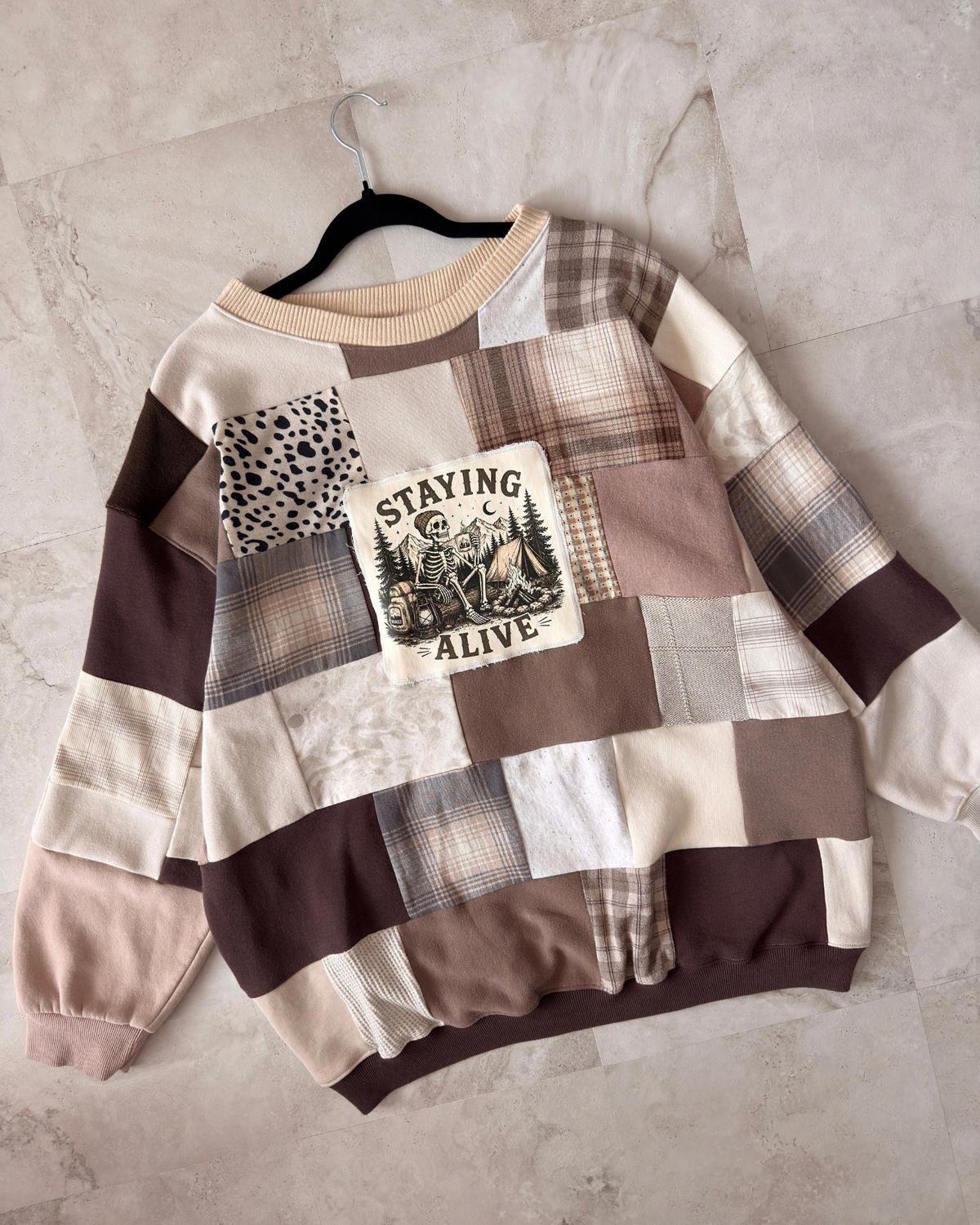 'Staying Alive' Skelly Scrap Patchwork Crewneck (S-2XL)