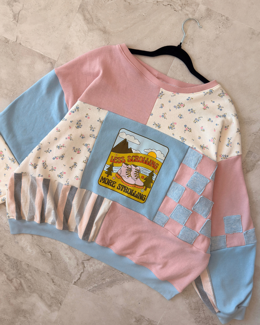 'Less Scrolling More Strolling' Patchwork Crewneck (S-2XL)