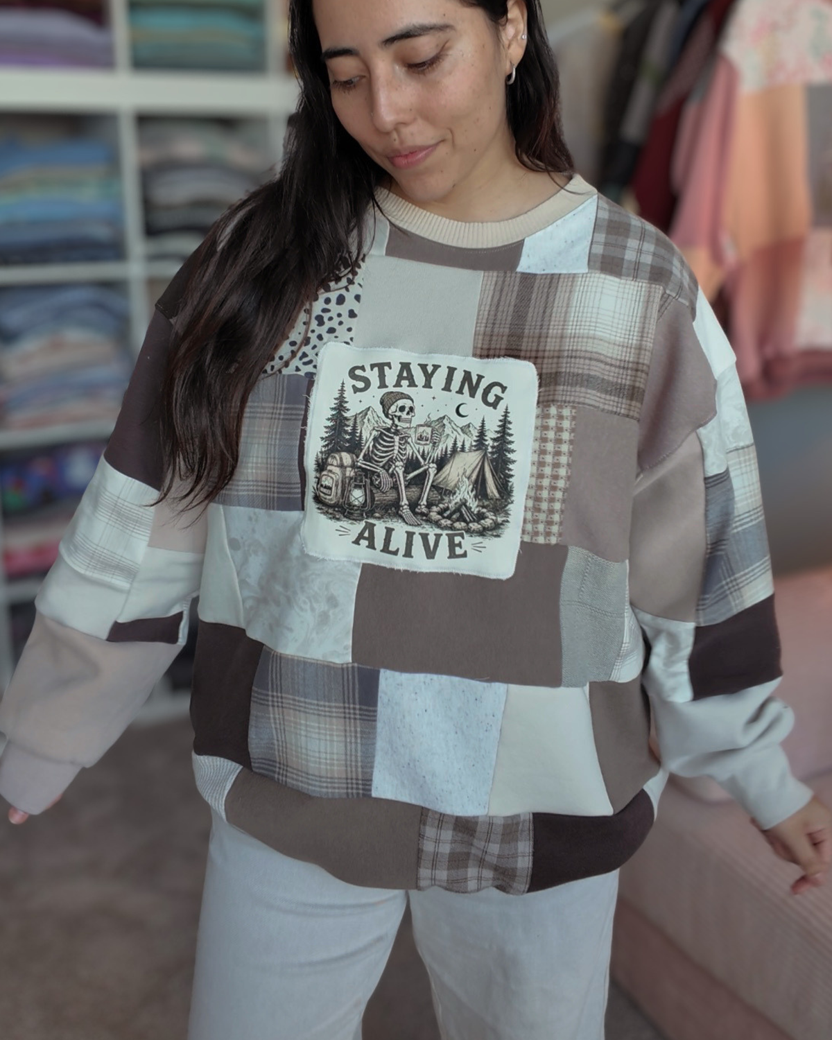'Staying Alive' Skelly Scrap Patchwork Crewneck (S-2XL)