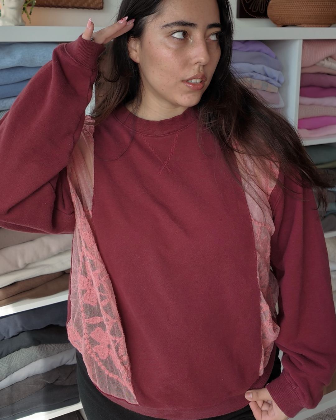 Peek-a-boo Pink Lace Crewneck