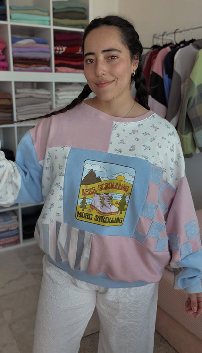 'Less Scrolling More Strolling' Patchwork Crewneck (S-2XL)