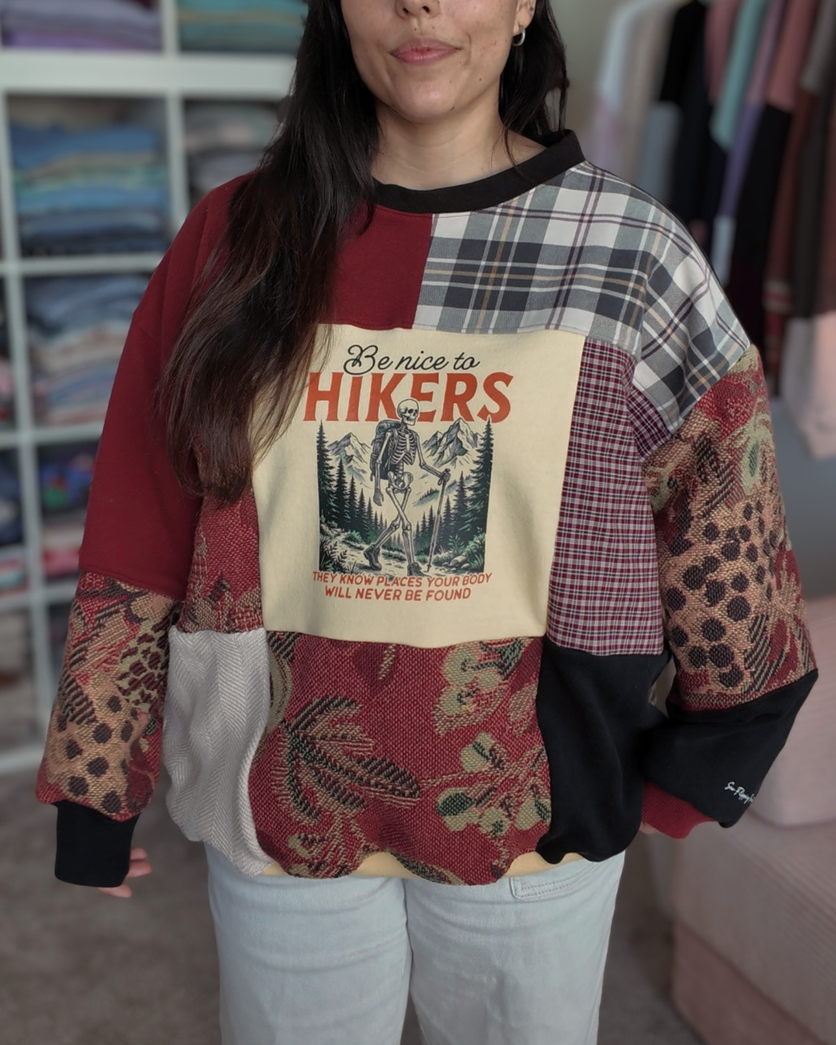 'Be Nice to Hikers' Skelly Patchwork Crewneck (S-2XL)