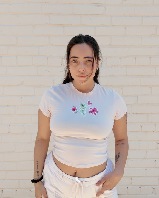Floral Cropped Tee - Handmade from upcycled fabrics with floral patches
