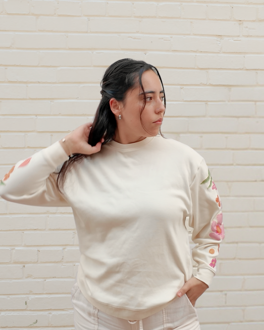 Floral Patch Sleeves Crewneck - Handmade from upcycled fabrics with floral patches