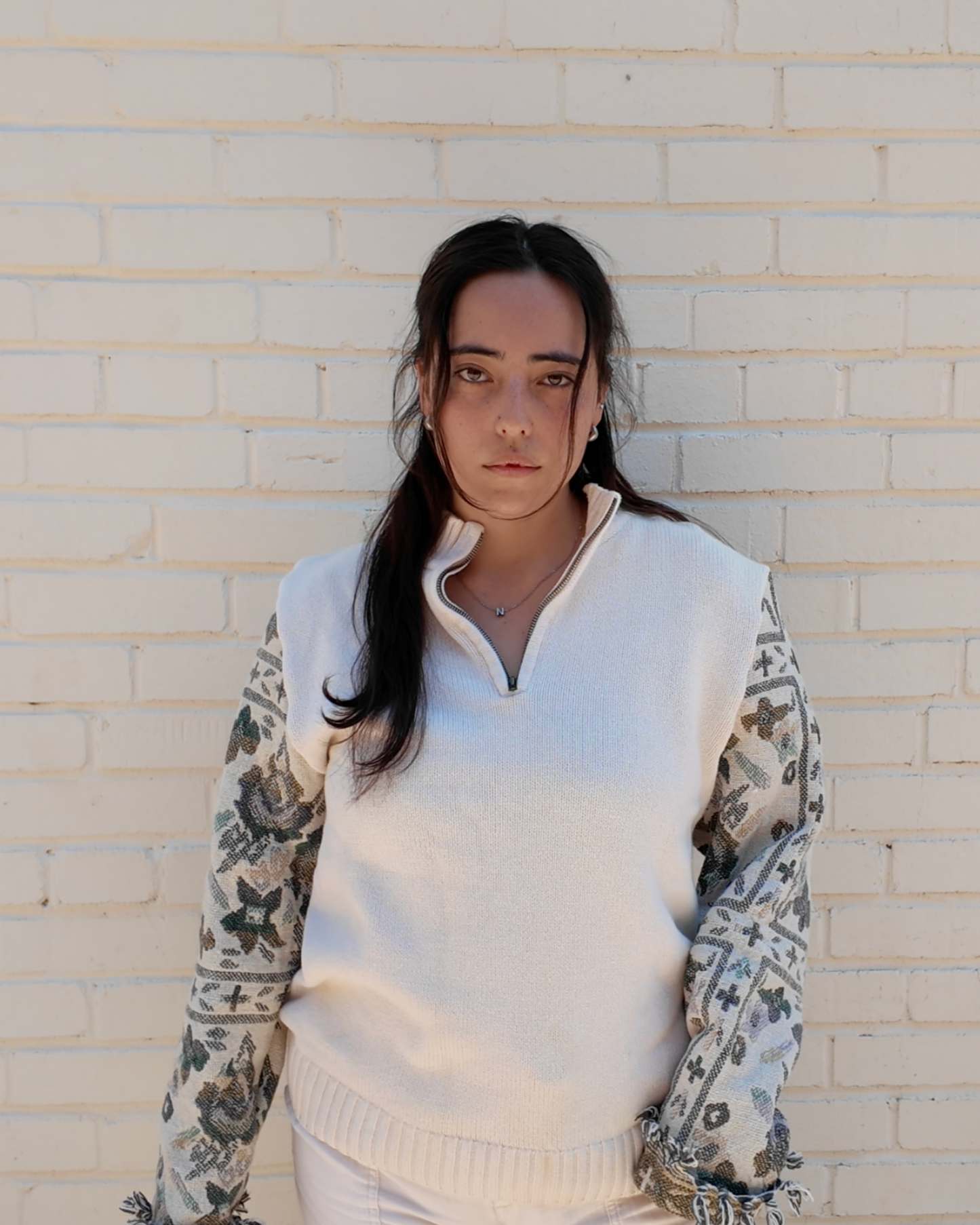 Floral Sleeve 3/4 Zip - Handmade from upcycled fabrics with floral sleeves