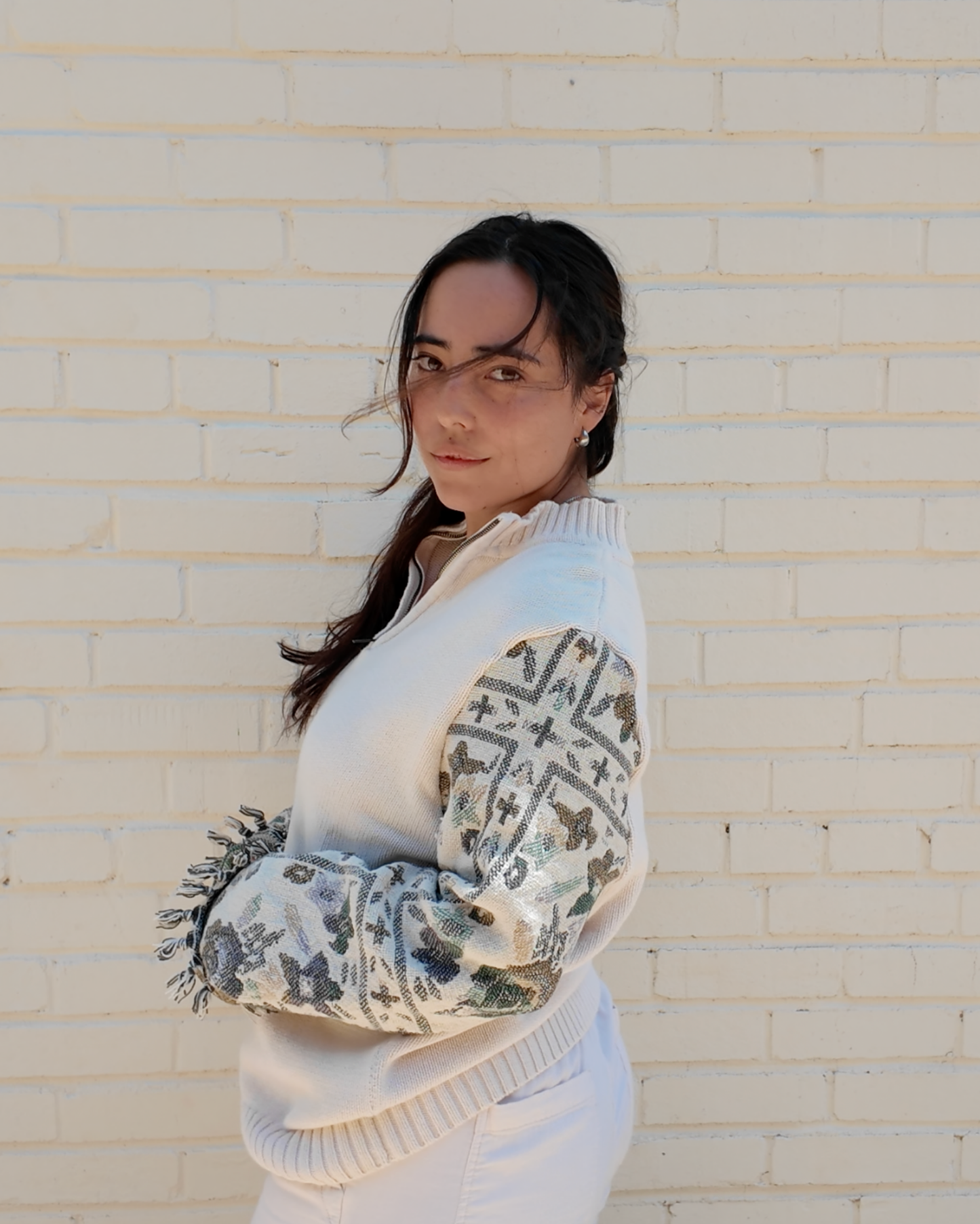 Floral Sleeve 3/4 Zip - Handmade from upcycled fabrics with floral sleeves