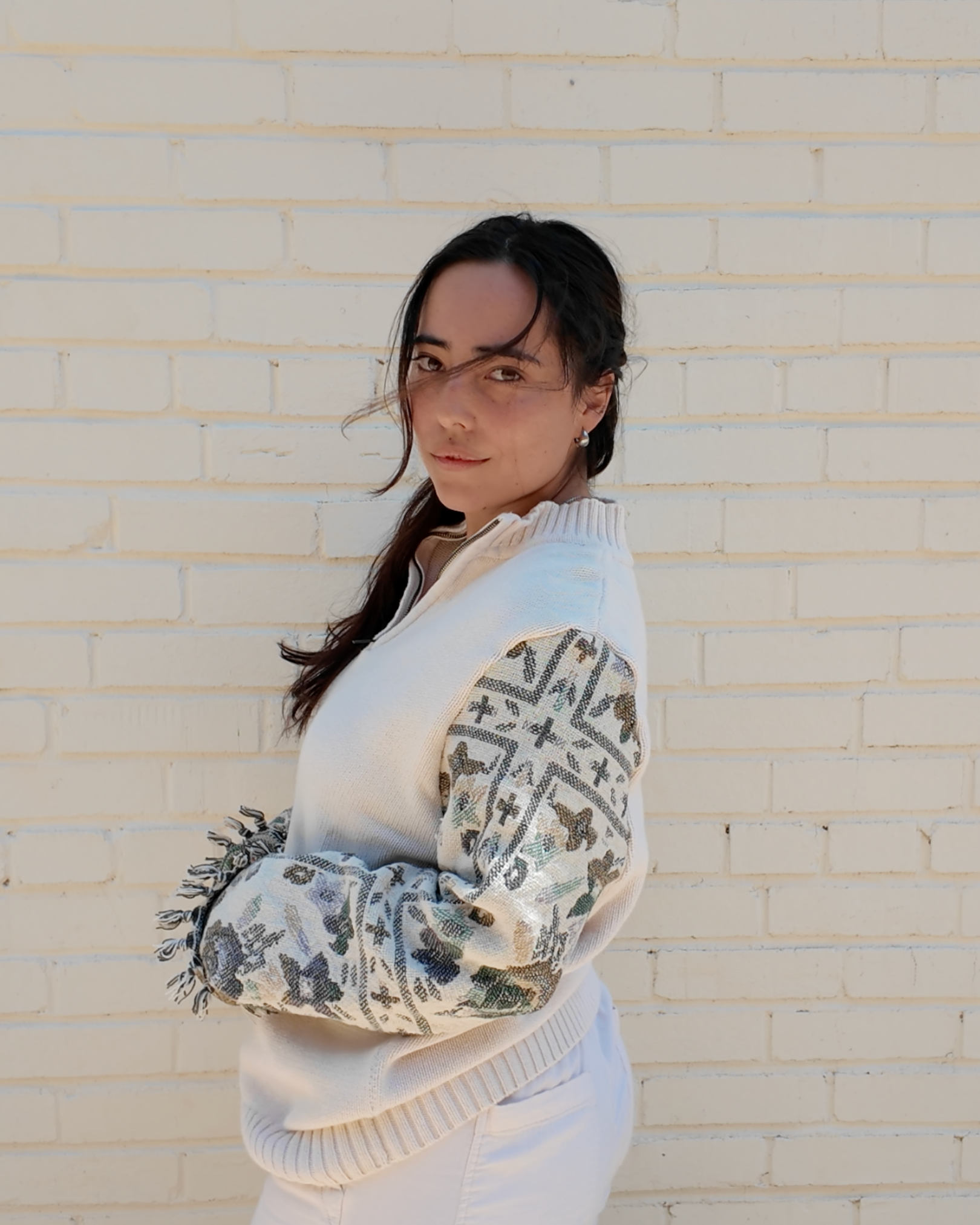 Floral Sleeve 3/4 Zip - Handmade from upcycled fabrics with floral sleeves