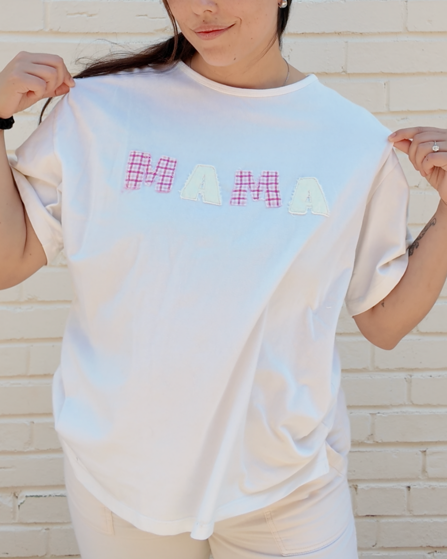  Mama White Tee - Handmade from upcycled fabrics with "Mama" design