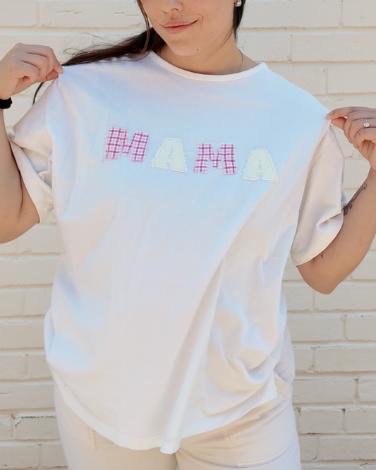  Mama White Tee - Handmade from upcycled fabrics with "Mama" design