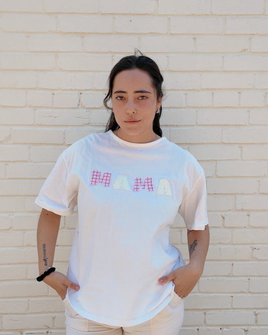  Mama White Tee - Handmade from upcycled fabrics with "Mama" design