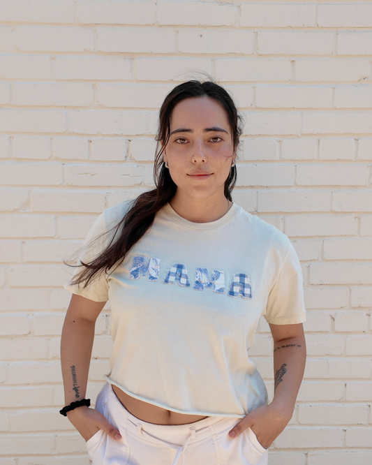 Mama Yellow Cropped Tee - Handmade from upcycled fabrics with "Mama" design