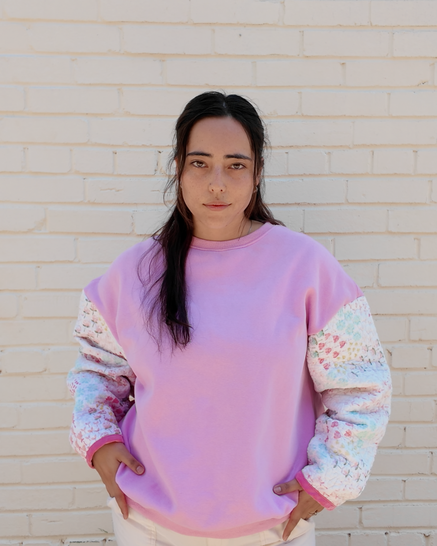 Quilted Floral Sleeve Crewneck - Handmade from upcycled fabrics with floral quilted sleeves.