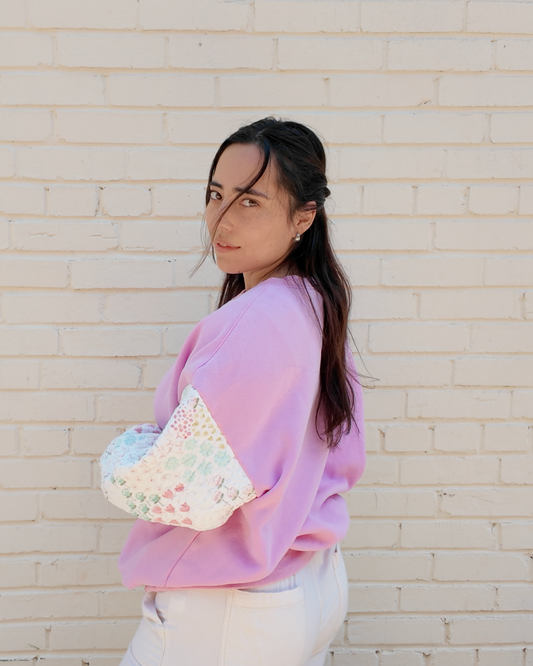 Quilted Floral Sleeve Crewneck - Handmade from upcycled fabrics with floral quilted sleeves