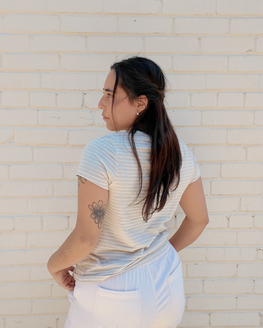 Stripped Floral Tee - Handmade from upcycled fabrics with floral patches