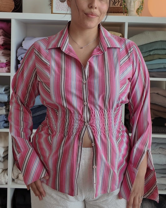 Shirred Long Sleeve Button-up
