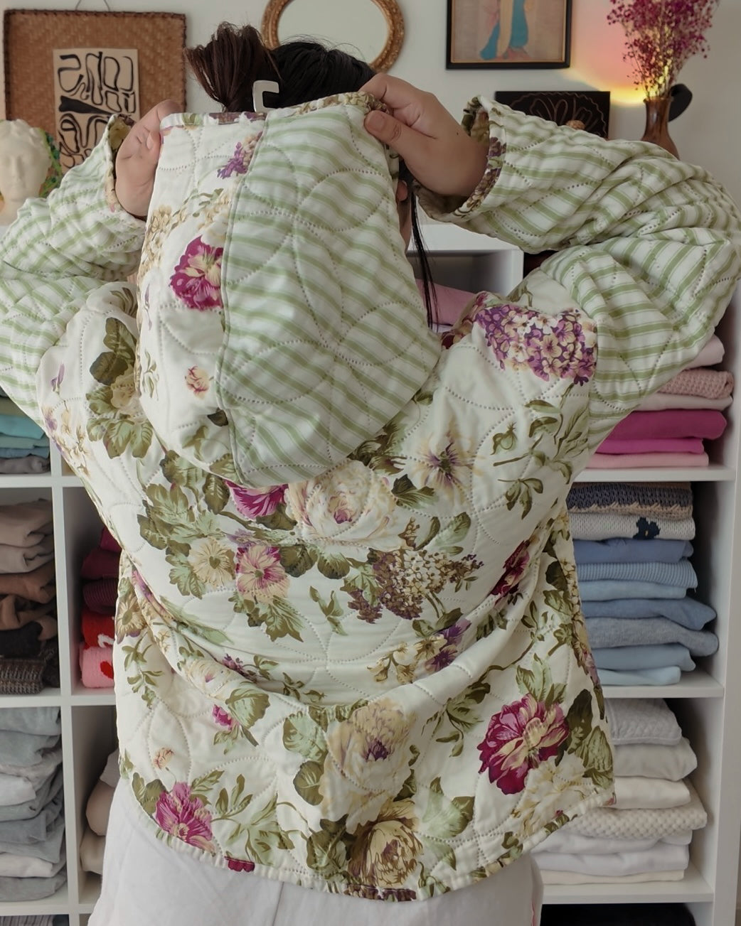 Green & Floral Quilted Hoodie